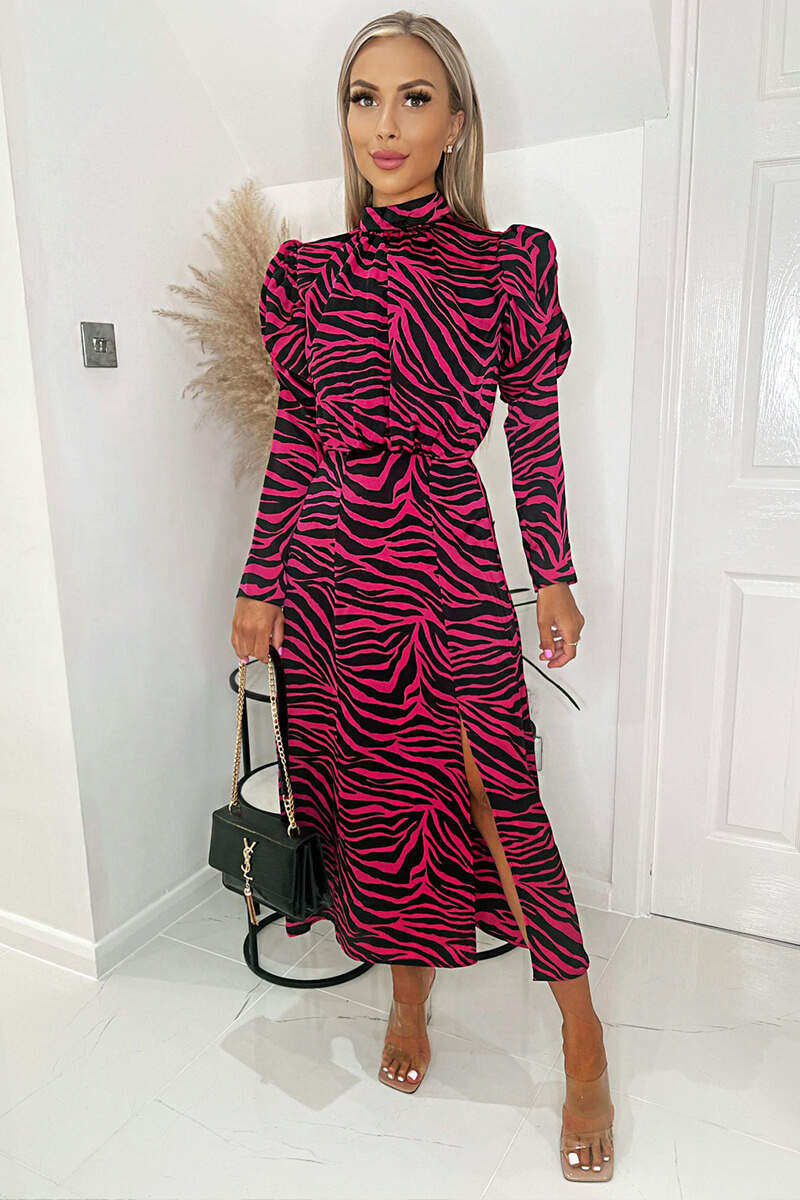 Pink Zebra Print Long Puff Sleeve Midi Dress – AX Paris