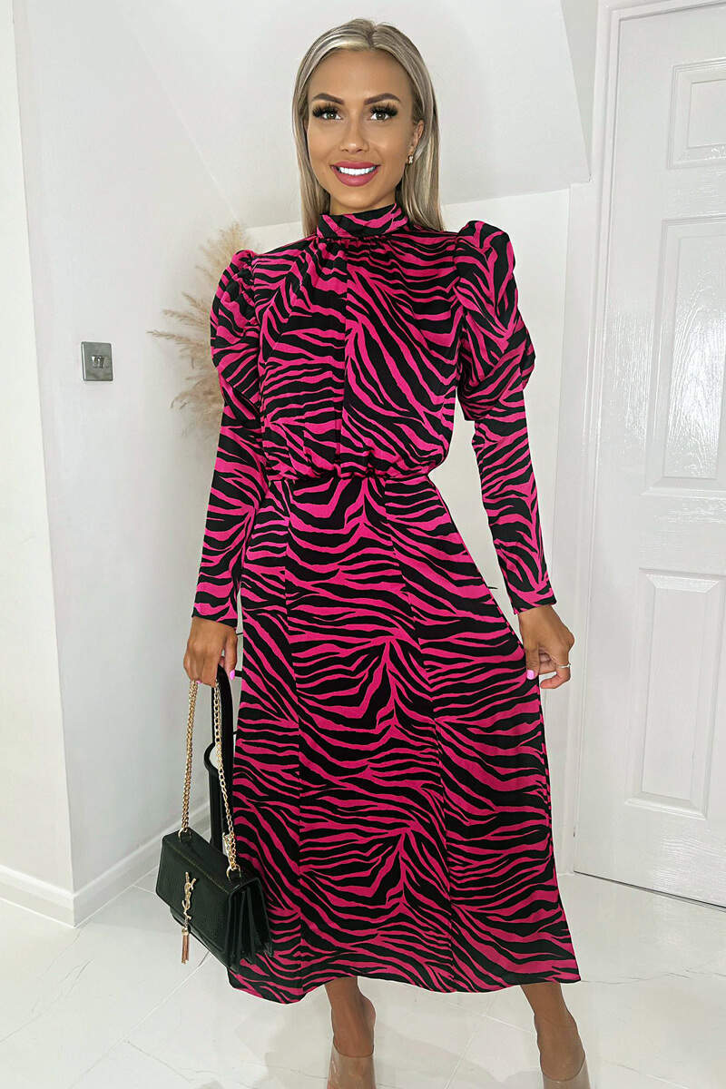 Pink Zebra Print Long Puff Sleeve Midi Dress AX Paris Pink Zebra Print Long Puff Sleeve Midi Dress AX Paris