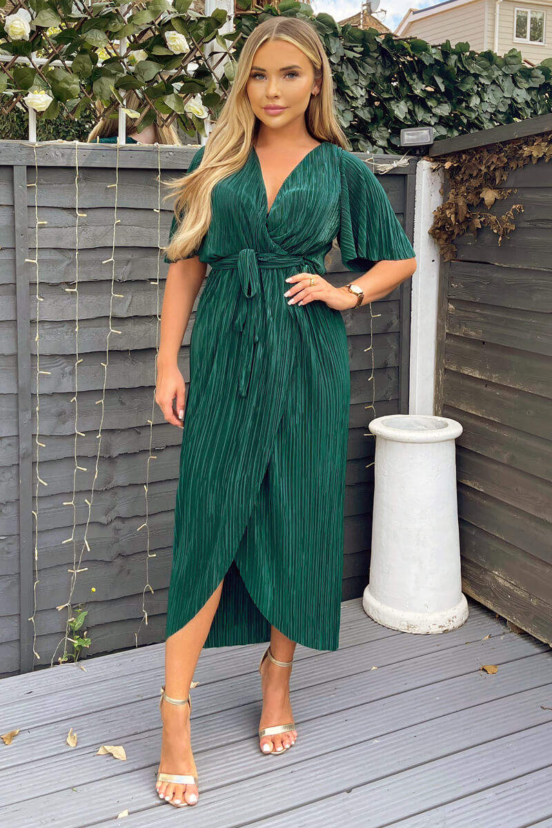 Green Wrap Top Belted Short Sleeve Plisse Midi Dress – AX Paris