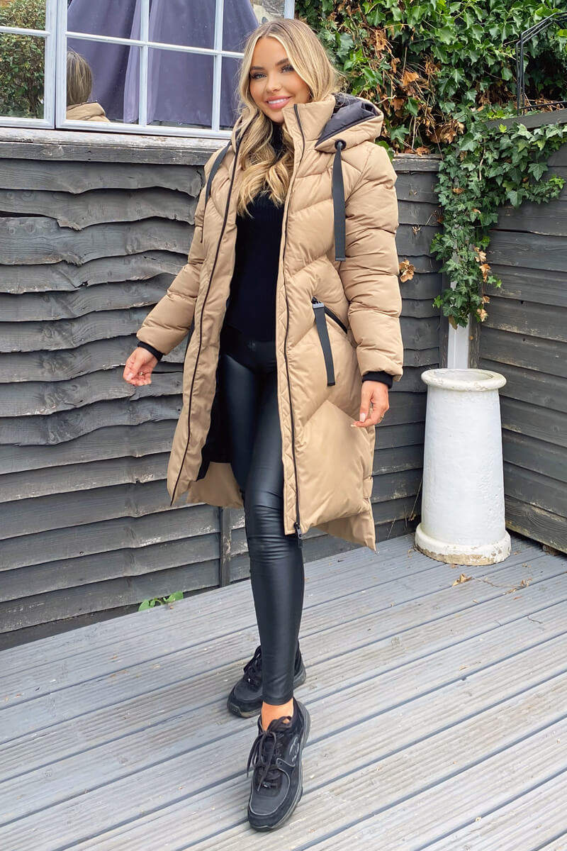 Biscuit Hooded Long Line Puffer Coat – AX Paris - Main Image