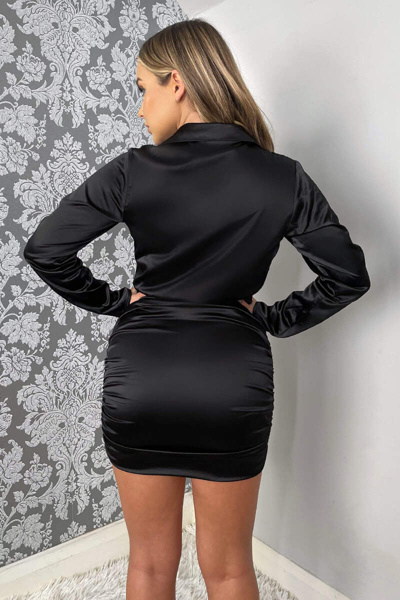 Black Satin Long Sleeve Wrap Top Ruched Mini Dress AX Paris Black Satin Long Sleeve Wrap Top Ruched Mini Dress AX Paris