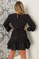 Black And Gold Polka Dot Long Sleeve Frill Hem Mini Dress
