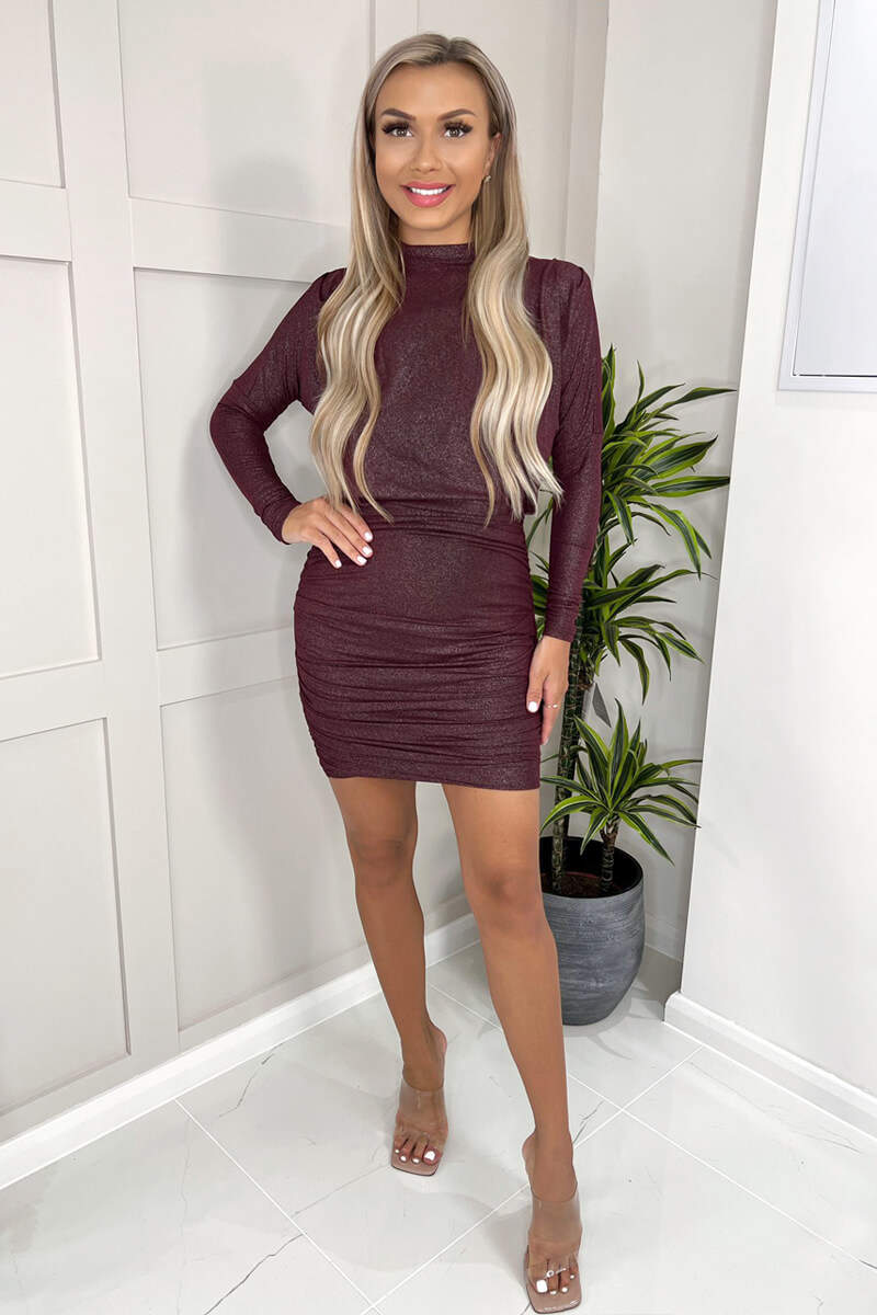 Plum Long Sleeve Ruched High Neck Shimmer Bodycon Mini Dress AX Paris Plum Long Sleeve Ruched High Neck Shimmer Bodycon Mini Dress AX Paris