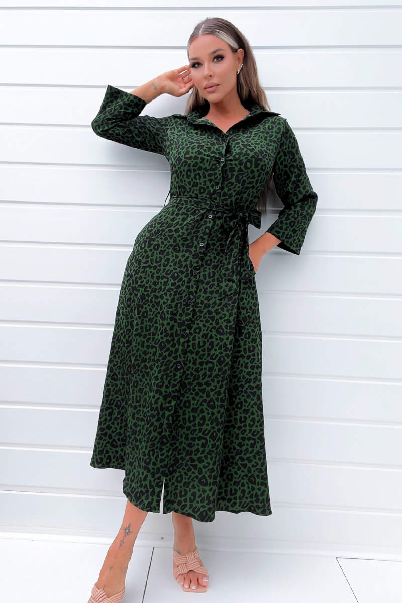 Green Animal Print Belted Midi Shirt Dress AX Paris Green Animal Print Belted Midi Shirt Dress AX Paris