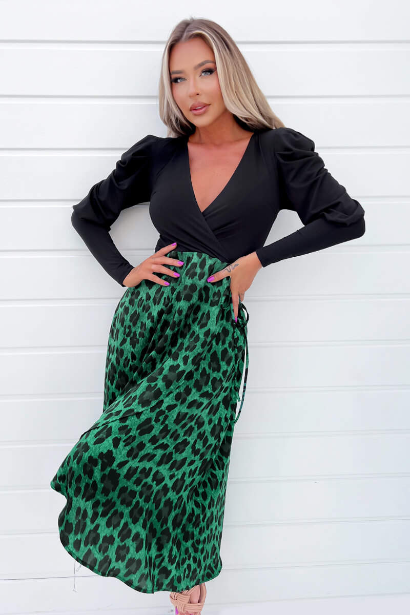 Green And Black Animal Print 2 In 1 Long Sleeve Wrap Midi Dress