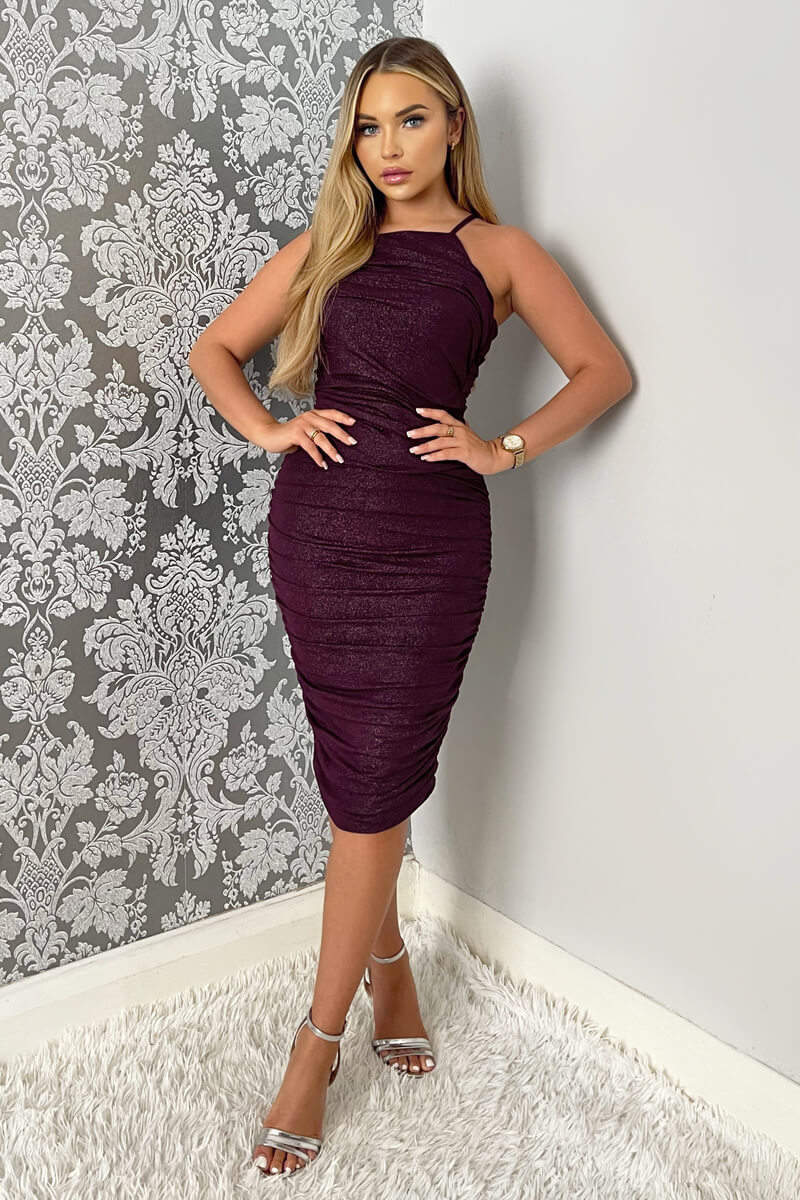 Plum Ruched Bodycon Shimmer Midi Dress