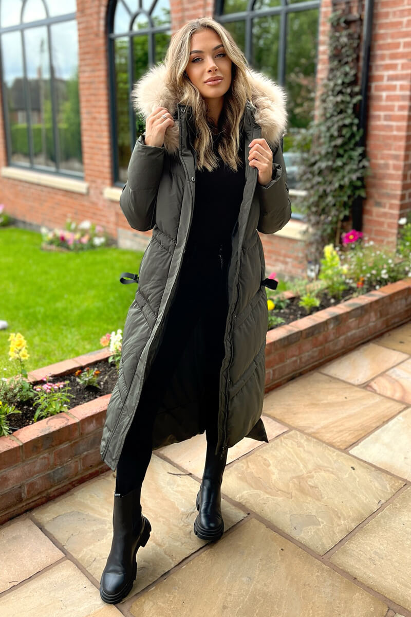 Khaki Faux Fur Trim Hooded Puffer Coat AX Paris