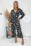 Black And White Printed Bat Wing Wrap Top Jumpsuit