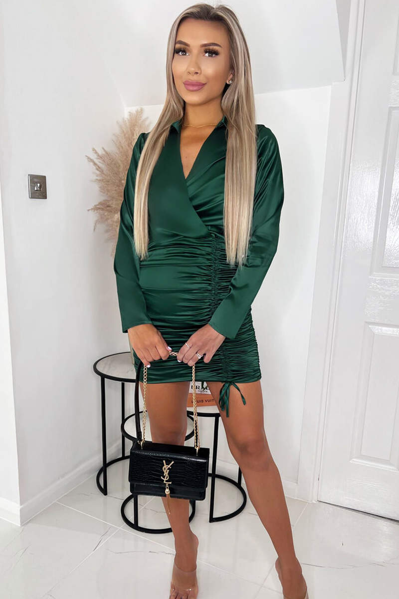 Jade Green Satin Long Sleeve Wrap Top Ruched Mini Dress AX Paris Jade Green Satin Long Sleeve Wrap Top Ruched Mini Dress AX Paris