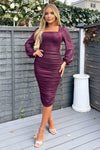 Plum Square Neck Long Sleeve Ruched Shimmer Midi Dress