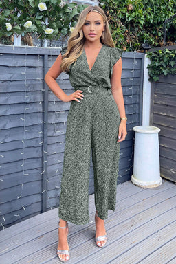 Sage And Black Printed Wrap Front Belted Jumpsuit