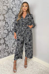 Black And Blue Printed Belted Long Sleeve Jumpsuit