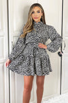 Black And White Printed High Neck Button Front Mini Dress
