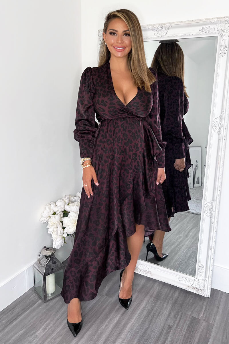 Plum Animal Print Long Sleeve Wrap Over Frill Hem Midi Dress AX Paris Plum Animal Print Long Sleeve Wrap Over Frill Hem Midi Dress AX Paris