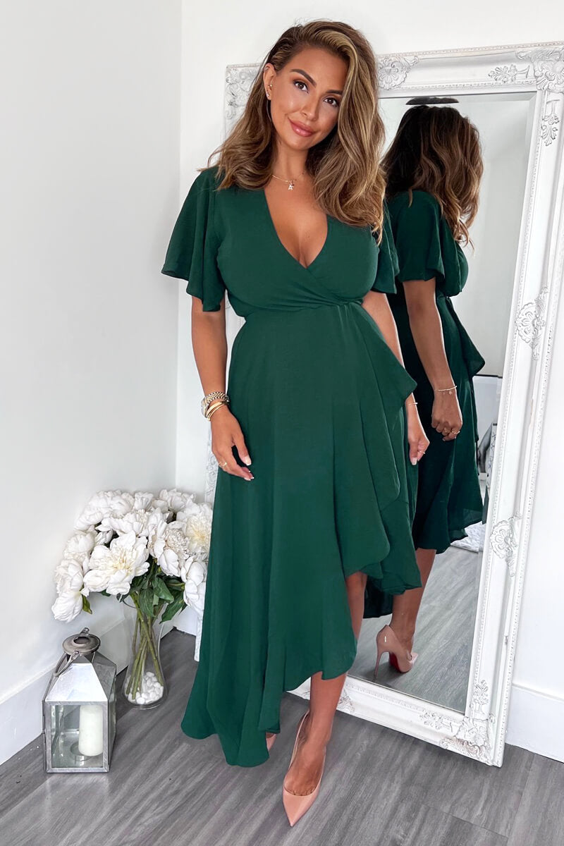 Teal Wrap Over Top Frill Hem Midi Dress