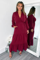 Wine Long Sleeve Wrap Top Smock Midi Dress