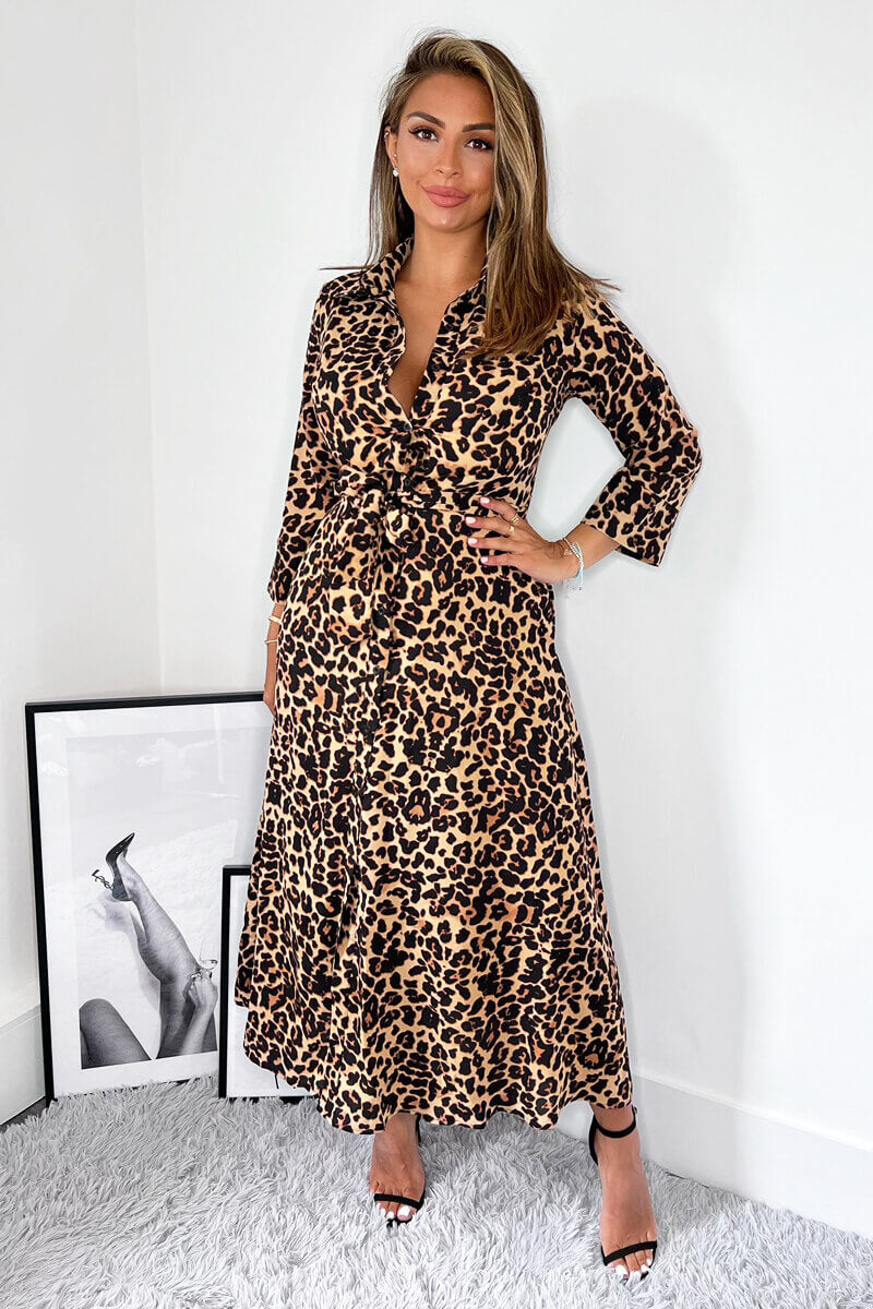 Brown Animal Print Tie Waist Midi Shirt Dress AX Paris