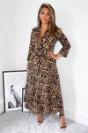 Brown Animal Print Tie Waist Midi Shirt Dress