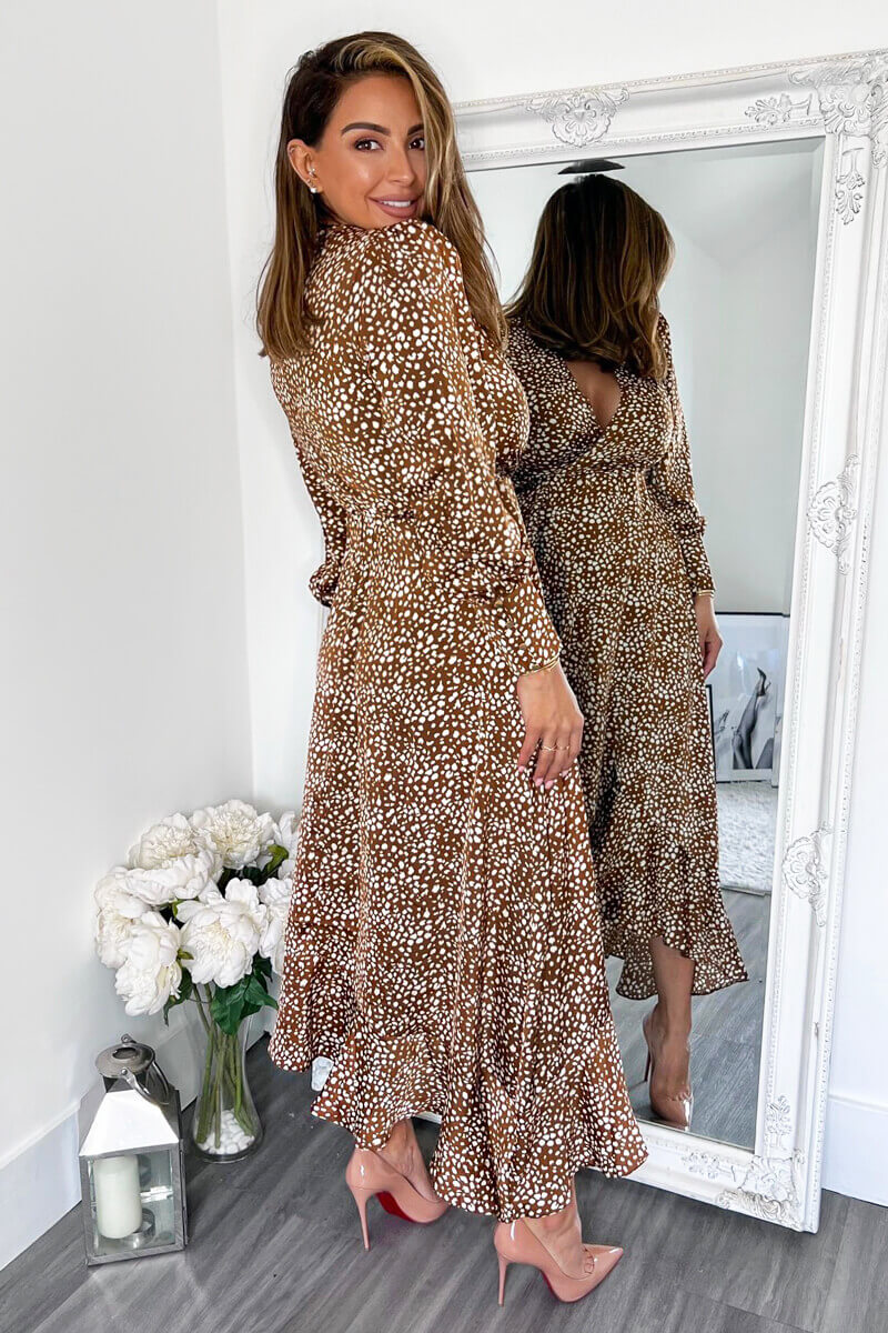 Brown And Cream Printed V-Neck Long Sleeve Midi Dress AX Paris Brown And Cream Printed V-Neck Long Sleeve Midi Dress AX Paris
