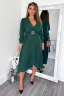 Teal Long Sleeve Belted Midi Dress