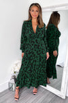 Green Leopard Print Long Sleeve Smock Midi Dress