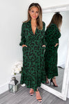 Green Leopard Print Long Sleeve Smock Midi Dress