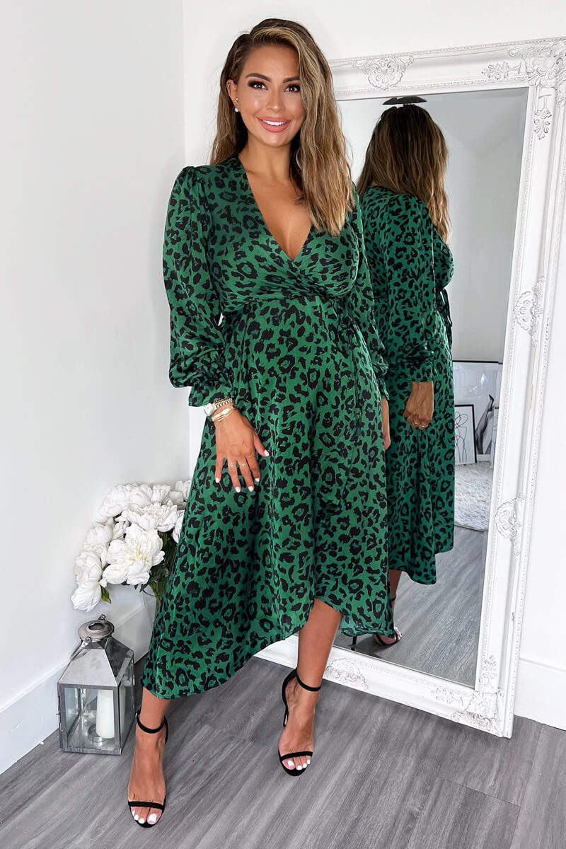 Midi Dress Tiger Print Wrap Dress Green And Black Animal Printed