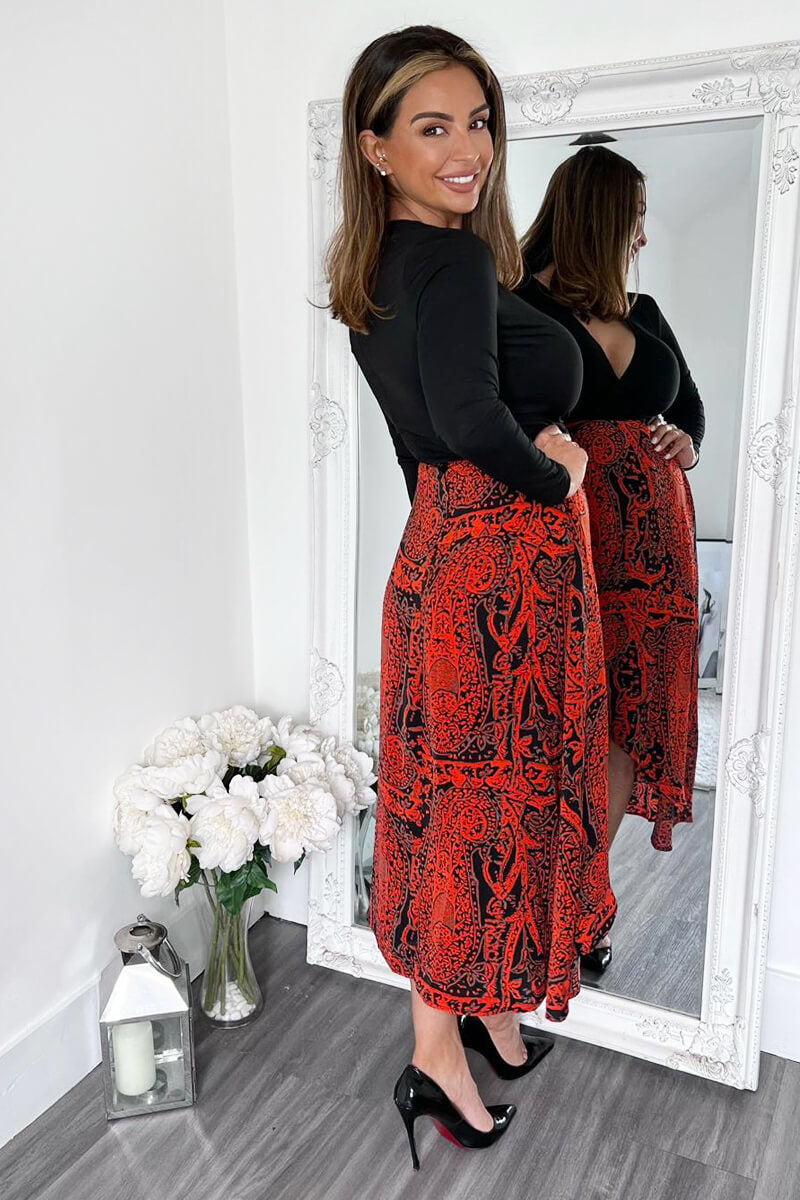 Red And Black Printed Long Sleeve 2 In 1 Midi Dress