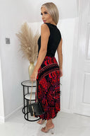 Black And Red Printed 2 in 1 Pleated Skirt Midi Dress