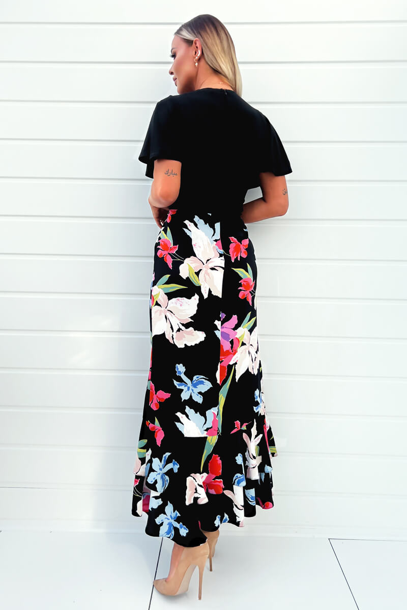 Multi Floral Printed 2 in 1 Short Sleeve Frill Hem Midi Dress