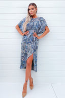 Blue Paisley Printed High Low Midi Dress