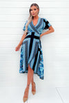 Blue Scarf Printed Short Sleeve Wrap Midi Dress