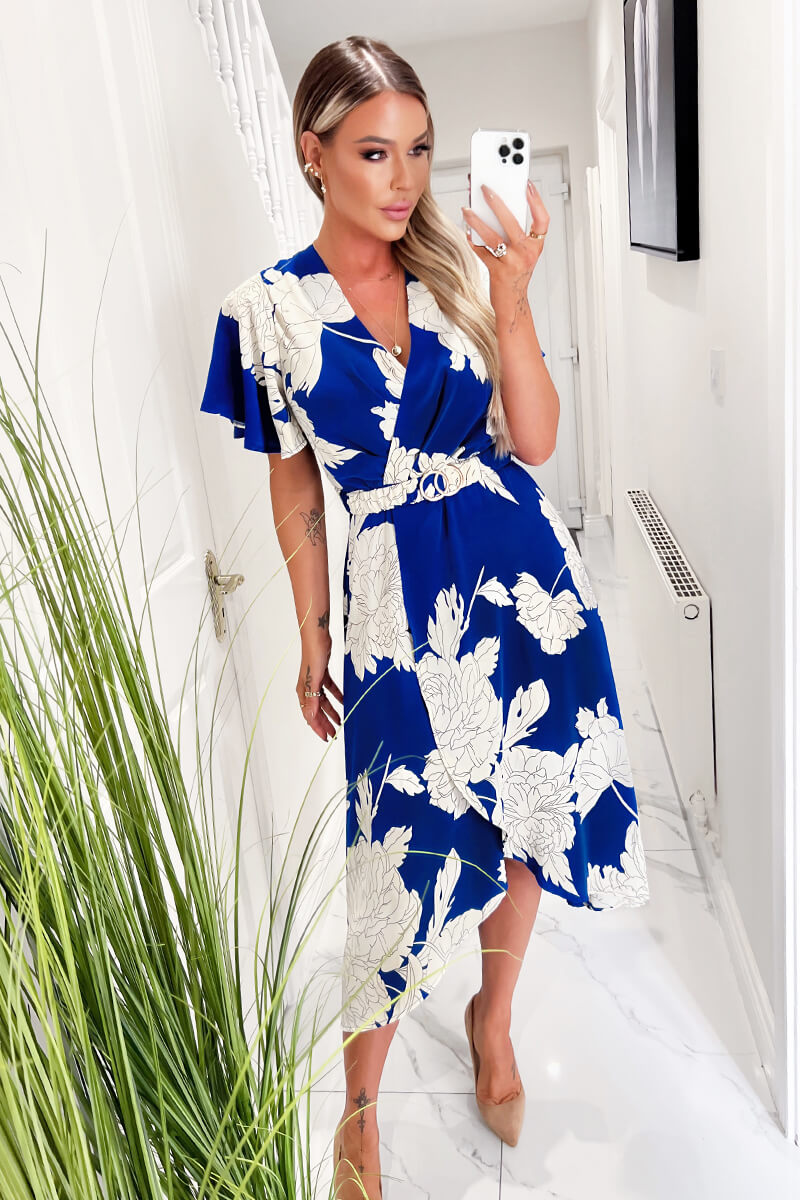 Blue And Cream Floral Printed Short Sleeve Belted Midi Dress AX Paris Blue And Cream Floral Printed Short Sleeve Belted Midi Dress AX Paris