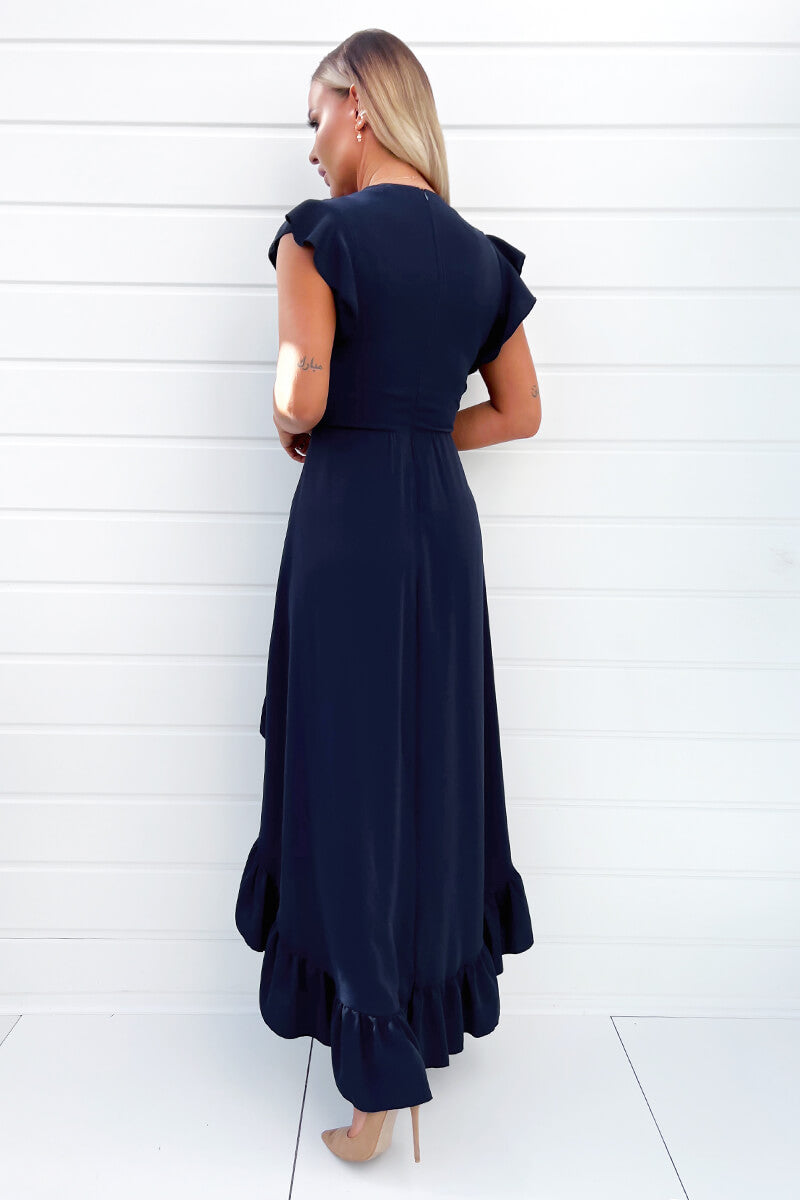 Navy High Low Frill Hem V Neck Midi Dress AX Paris Navy High Low Frill Hem V Neck Midi Dress AX Paris