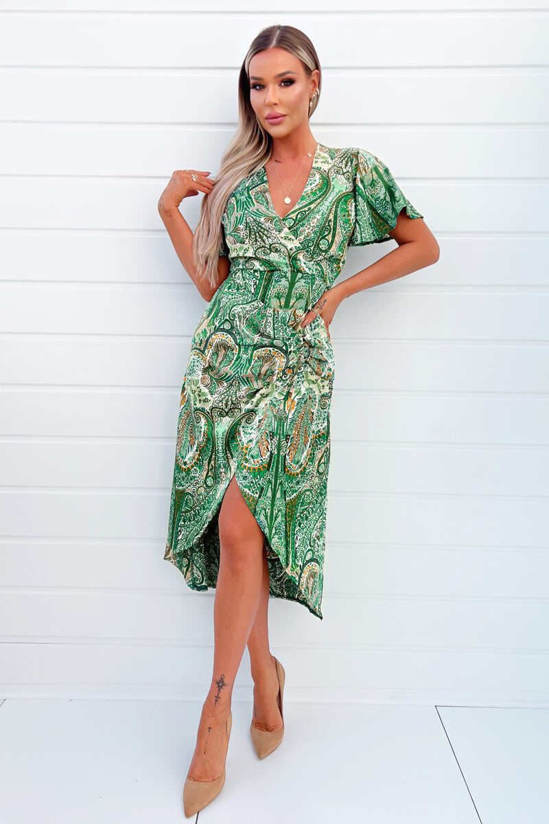 Green Paisley Printed V-Neck Belted Wrap Midi Dress AX Paris Green Paisley Printed V-Neck Belted Wrap Midi Dress AX Paris