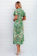 Green Paisley Printed V-Neck Belted Wrap Midi Dress