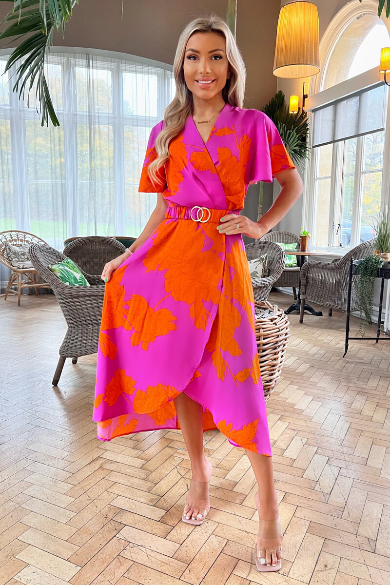 Pink And Orange Floral Print Belted Wrap Midi Dress AX Paris Pink And Orange Floral Print Belted Wrap Midi Dress AX Paris