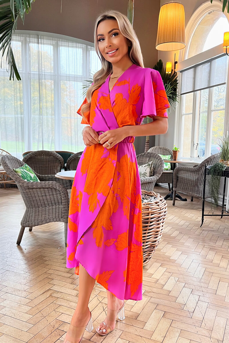 Pink And Orange Floral Print Belted Wrap Midi Dress