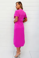 Hot Pink Short Sleeve V-Neck Buckle Wrap Midi Dress