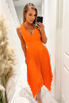 Blood Orange V-Neck Pleated Skirt Midi Dress