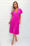 Hot Pink Pleated Midi Dress with Tie Waist AX Paris Hot Pink Pleated Midi Dress with Tie Waist AX Paris