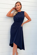 Navy Gathered Midi Dress With Shoulder Pads