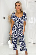Cream Pink And Navy Animal Print Short Sleeve Tie Front Jumpsuit