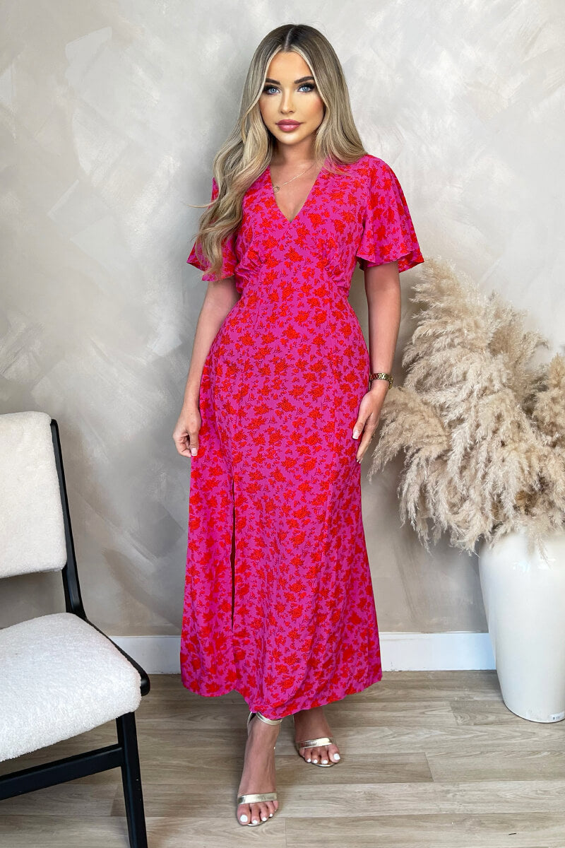 Pink And Red Floral Printed V-Neck Short Sleeve Midi Dress – AX Paris Pink And Red Floral Printed V-Neck Short Sleeve Midi Dress – AX Paris