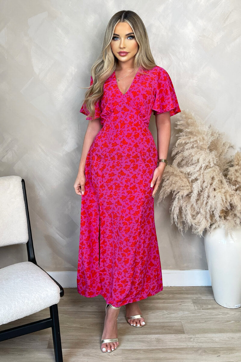 Pink And Red Floral Printed V-Neck Short Sleeve Midi Dress