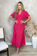 Pink And Red Floral Printed V-Neck Short Sleeve Midi Dress