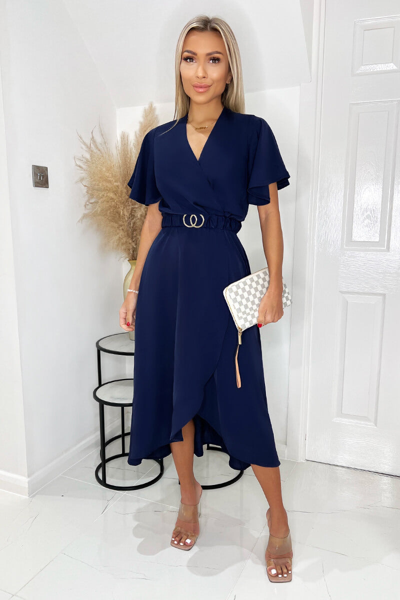 Navy Short Sleeve Belted Wrap Midi Dress – AX Paris