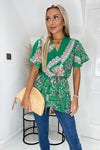 Green Paisley Printed Wrap Short Sleeve Belted Top