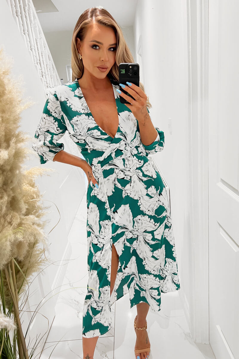 Green And White Floral Print Wrap Top Midi Dress – AX Paris