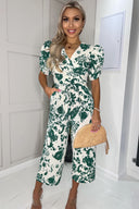 Cream And Green Printed Wrap Over Tie Waist Jumpsuit